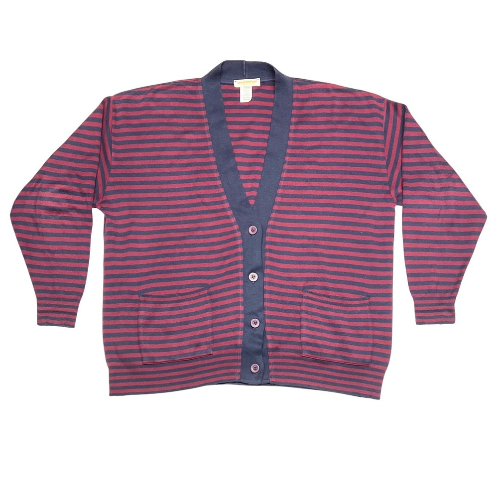 Vintage Brooks Brothers 1980's Striped Cardigan Medium Red Navy 100% Cotton GUC